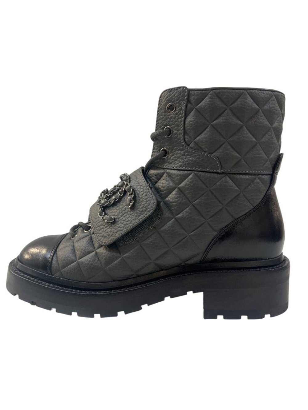 B-8. Chanel Quilted Combat Boot IT 37 US 6.5 Gray Black - Picture 2 of 16